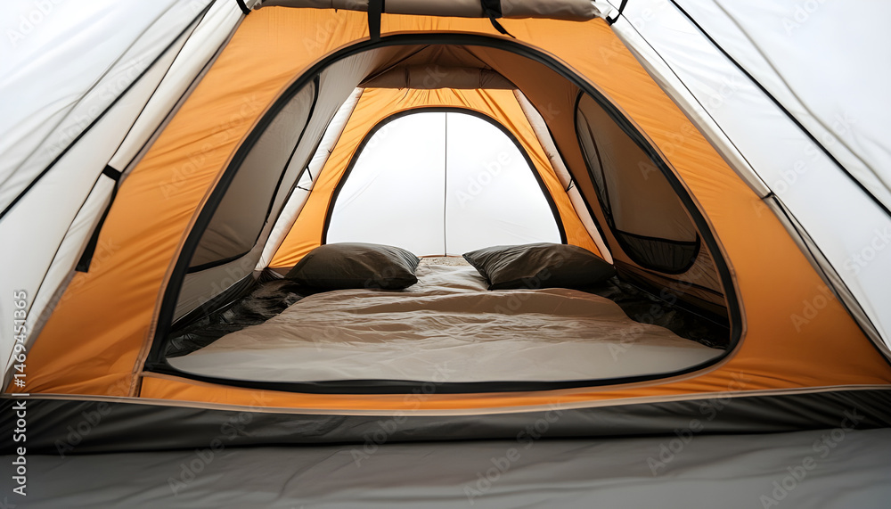 Closeup of couple in camping tent on white background, view from inside