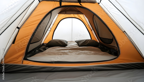 Obraz na płótnie Closeup of couple in camping tent on white background, view from inside w salonie