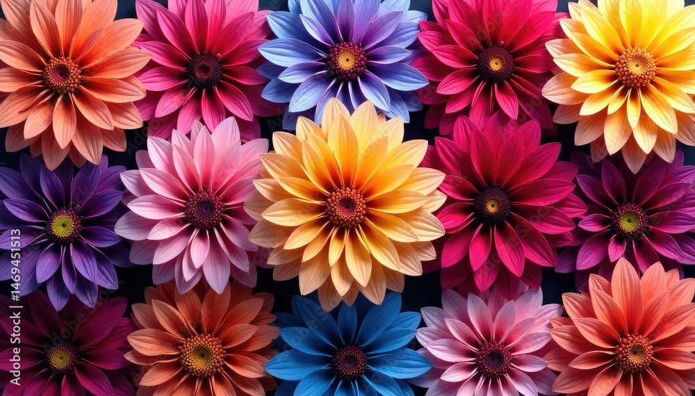 Intricate dahlia blooms, vibrant colors, repeating pattern, celebration, invitation, closeup