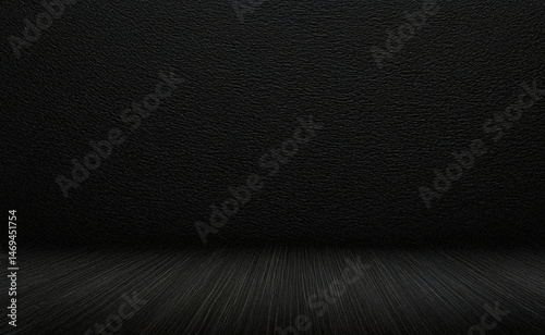Black background studio backdrop with textured wall and floor, perfect for product display, photography, or social media posts and banner designs.

