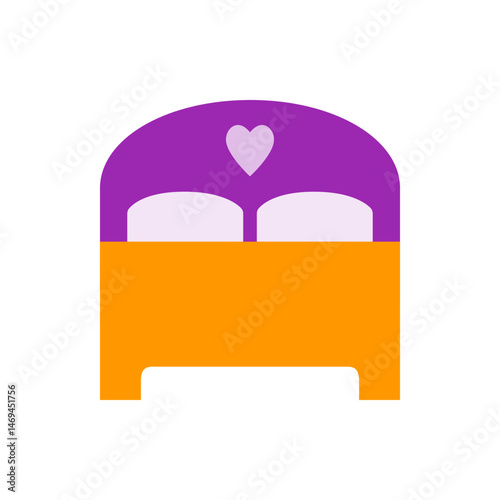 Illustration of a purple and orange bed with two pillows and a heart on the headboard in a flat style