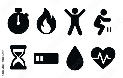 Fitness and wellness solid icons set – filled, workout, exercise symbols collection