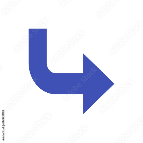 Illustration of a blue arrow with a right angle bend pointing to the right on a white background image