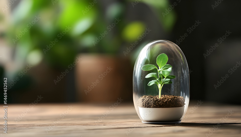 Green seedling growing in coffee capsule on wooden table, closeup. Space for text