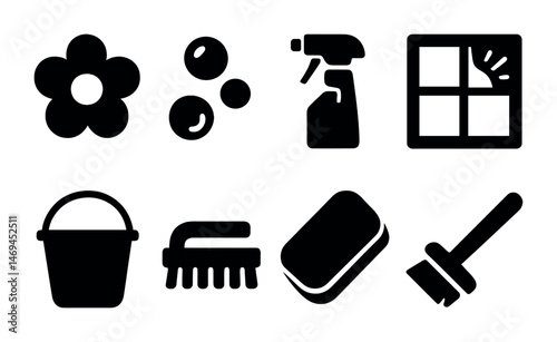 Cleaning tools solid icons set – filled, household, sanitation symbols