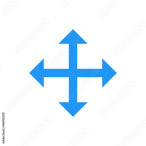 A bright blue directional cross with arrows pointing up down left and right on a white background image