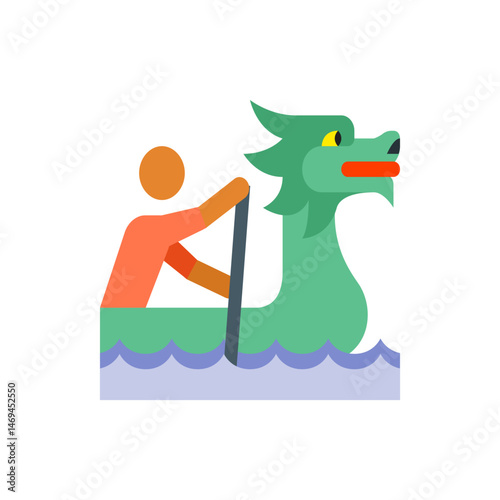 Illustration of a person rowing a dragon boat with green dragon head in wavy water on white background