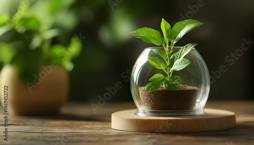 Green seedling growing in coffee capsule on wooden table, closeup. Space for text
