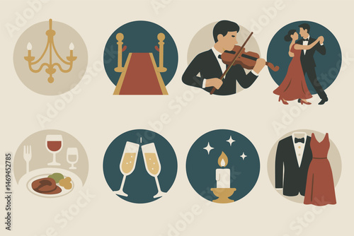 Elegant dining and entertainment icons set – flat, outline, celebration, and event symbols