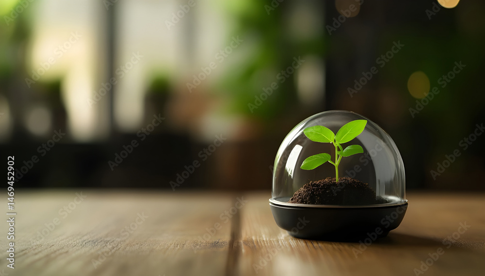 Green seedling growing in coffee capsule on wooden table, closeup. Space for text