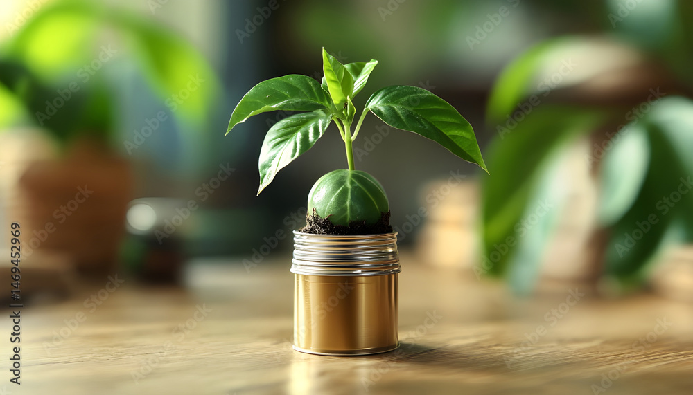 Green seedling growing in coffee capsule on wooden table, closeup. Space for text