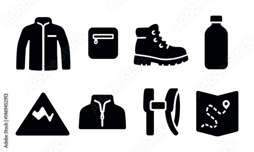Outdoor adventure solid icons set – filled, hiking, camping symbols