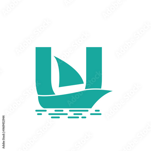 Creative teal U-shaped logo featuring a stylized sailboat integrated into the letterform, complete with sail and wave reflections. Ideal for marine businesses, travel brands, or nautical services.