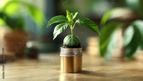 Obraz na płótnie Green seedling growing in coffee capsule on wooden table, closeup. Space for text w salonie