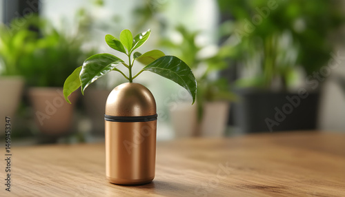 Green seedling growing in coffee capsule on wooden table, closeup. Space for text