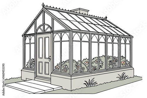 27 glass greenhouse with metal frame, filled with lush plants and colorful flowers, surrounded by wooden deck or patio, natural lighting pouring in, detailed architectural structure, photorealistic, h