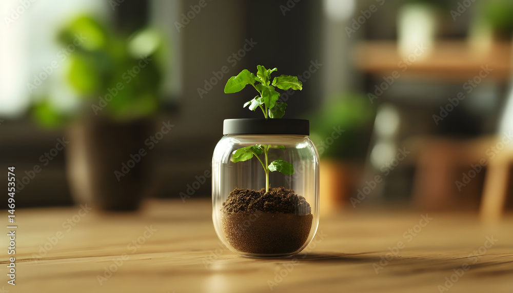 Green seedling growing in coffee capsule on wooden table, closeup. Space for text
