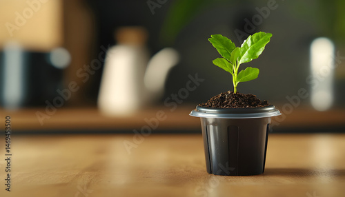 Green seedling growing in coffee capsule on wooden table, closeup. Space for text