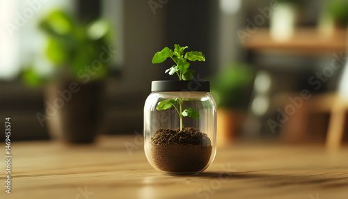 Obraz na płótnie Green seedling growing in coffee capsule on wooden table, closeup. Space for text w salonie