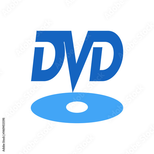 Illustration of a blue dvd logo with a disc shape and the letters dvd in bold on a white background