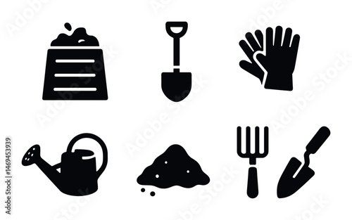 Garden tools silhouette icons set – solid, filled, gardening and landscaping symbols