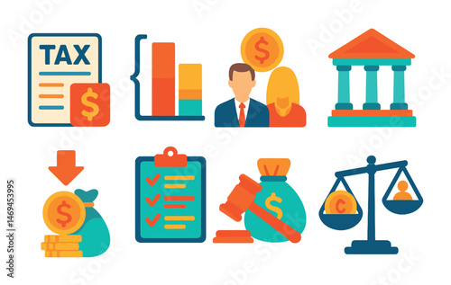 Finance and banking flat icons set – money, business, tax symbols collection