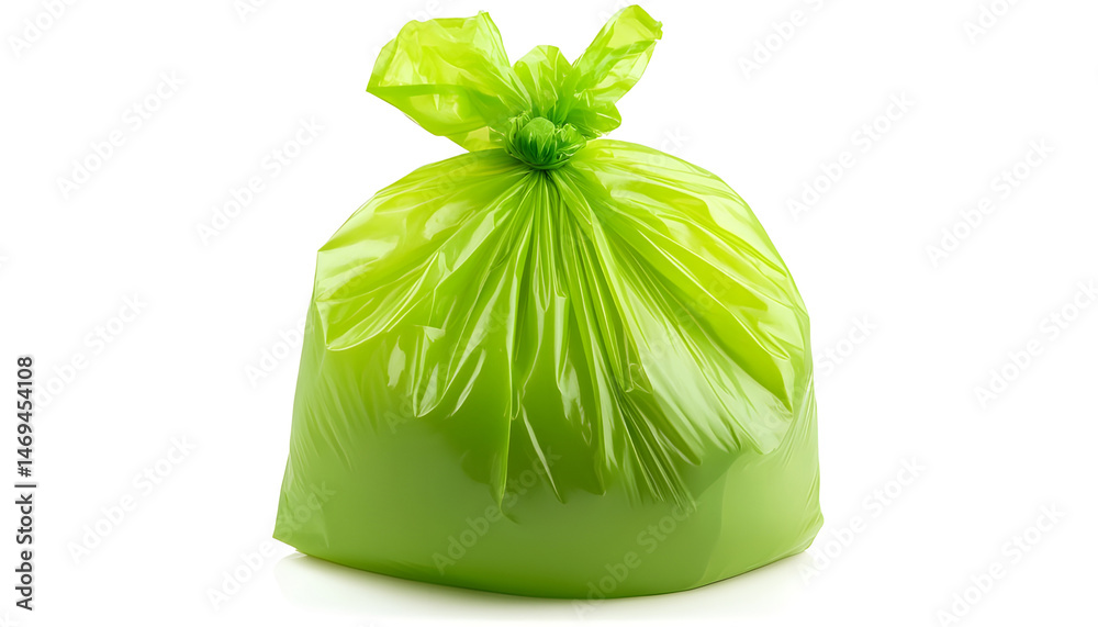 Green plastic garbage bag isolated on white