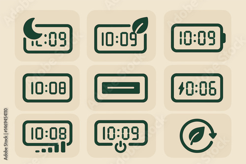 Eco-friendly clock outline icons set – sustainable, green, digital time symbols