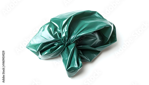 Green plastic garbage bag isolated on white