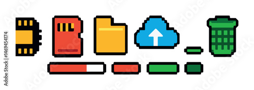 Digital storage pixel art icons set – 3d, isometric, data and cloud symbols