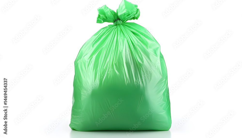 Green plastic garbage bag isolated on white