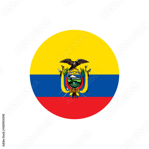 Ecuadorian flag in a circle with yellow blue and red stripes and the coat of arms in the middle area