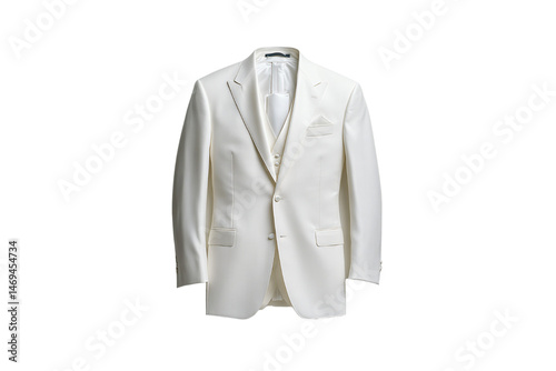 Elegant white three-piece suit with notch lapel blazer, matching vest, and neatly folded pocket square, isolated on a transparent background