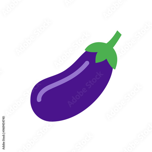 Illustration of a single purple eggplant with a green stem on a white background in a simple cartoon style