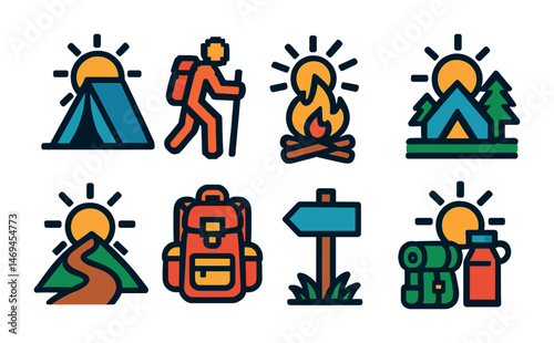 Camping and hiking outline icons set – adventure, outdoor, trekking symbols