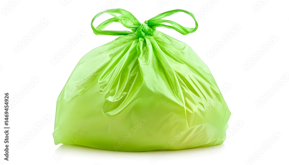 Green plastic garbage bag isolated on white