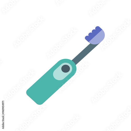A teal electric toothbrush with a gray handle and a purple brush head on a white background plain view