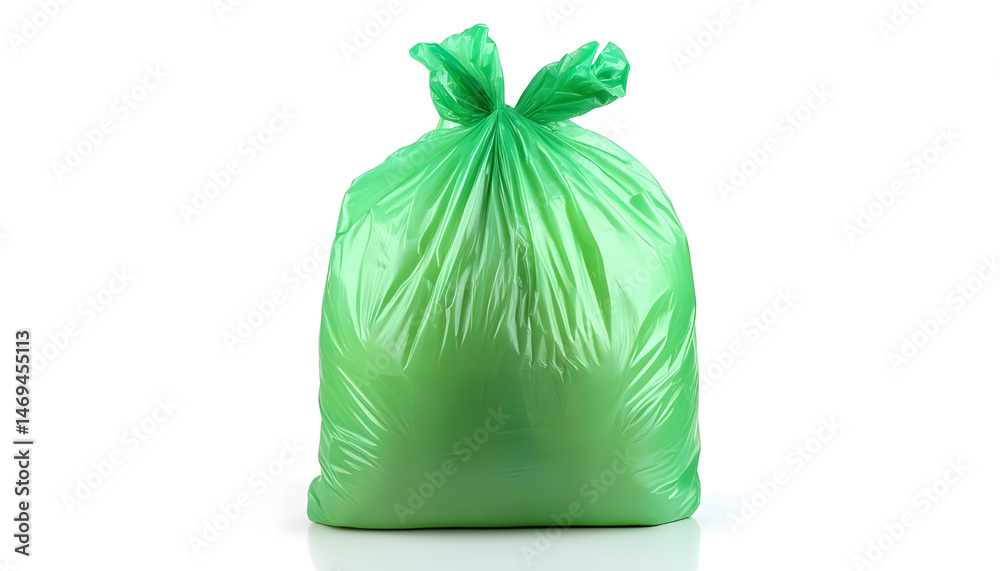 Green plastic garbage bag isolated on white