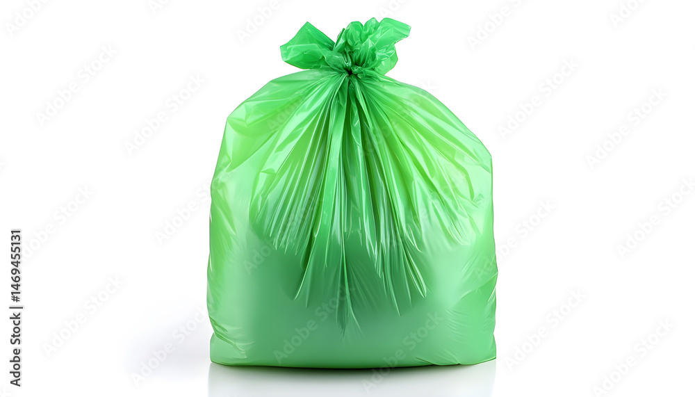 Green plastic garbage bag isolated on white