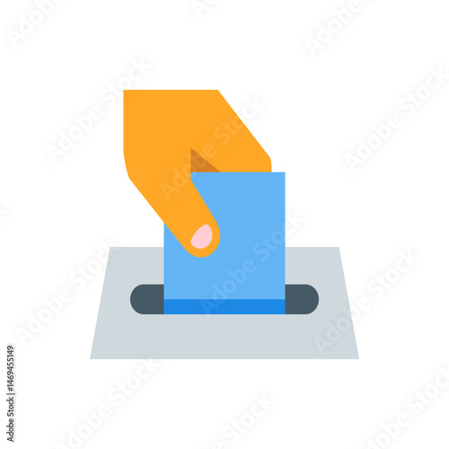 A hand holding a blue square is placing it into a gray slot representing voting or a similar action process
