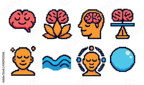 Mindfulness and meditation icons set – pixel art, peaceful, mental wellness symbols