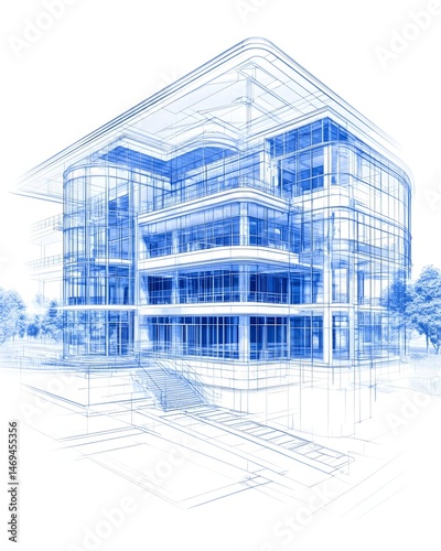 A detailed architectural blueprint of a modern building with glass facade, showcasing multiple levels and a sloping entrance