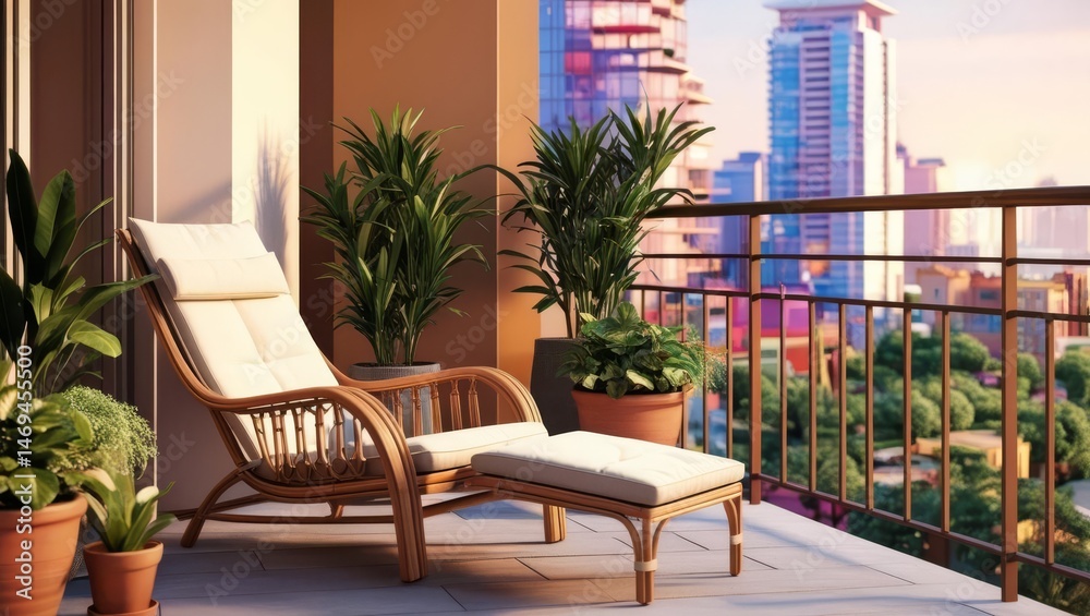 Fototapeta premium Serene City Balcony Relaxation - Peaceful morning, city view, comfortable rattan chair, lush plants, tranquil escape. Symbolizing serenity, comfort, nature, urban escape, and relaxation