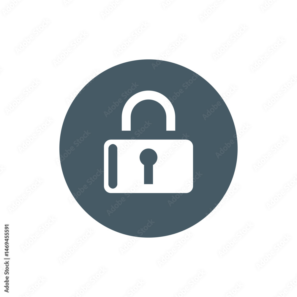 A circular dark gray background with a white padlock centered in the middle of the circular shape image A circular dark gray background with a white padlock centered in the middle of the circular shape image