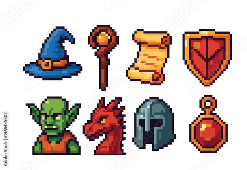 Pixel art fantasy icons for retro game design and illustration projects