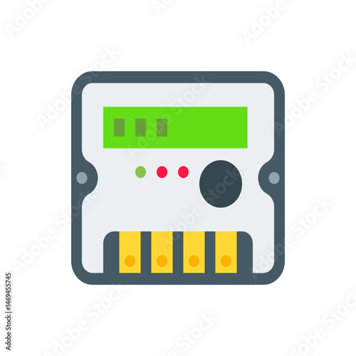 Illustration of a smart meter with a green display leds button and yellow ports on a gray background