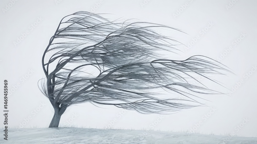 Wind-Swept Tree: A solitary tree stands resilient against the fierce wind, its branches dramatically sculpted by the elements in a display of nature's power. Wind-Swept Tree: A solitary tree stands resilient against the fierce wind, its branches dramatically sculpted by the elements in a display of nature's power.