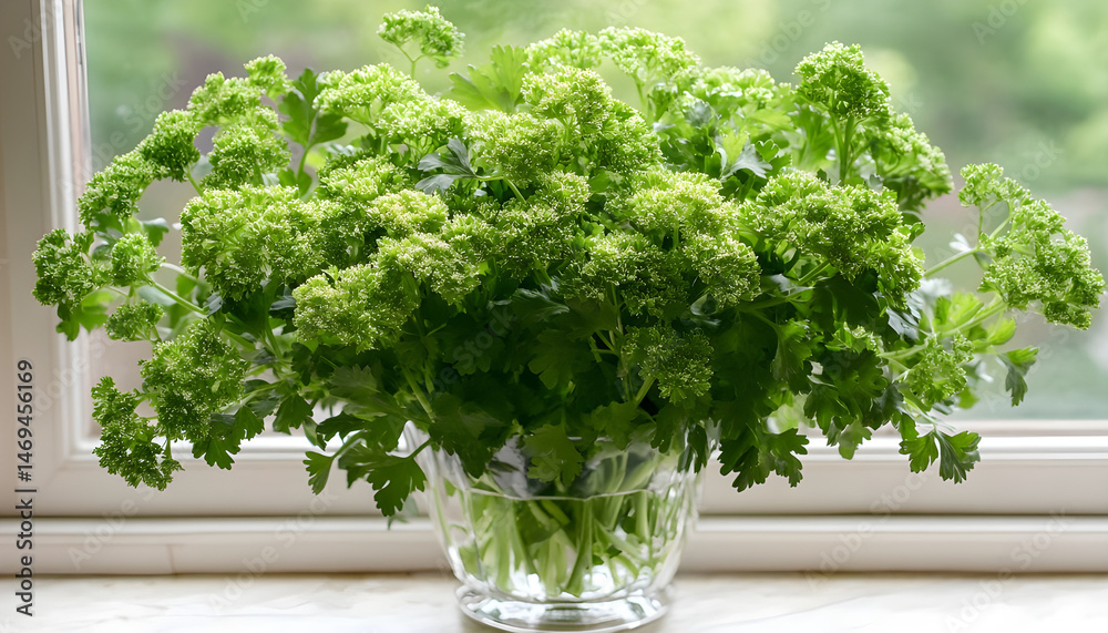 Aromatic parsley growing in pot on window sill
