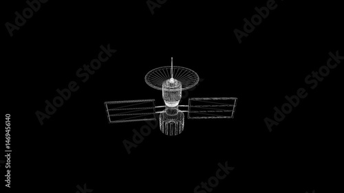 Intricate Wireframe Satellite Design in Illuminated Black Space