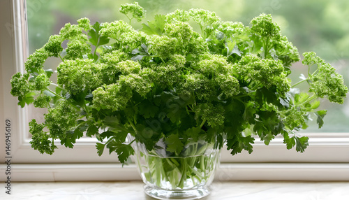 Obraz na płótnie Aromatic parsley growing in pot on window sill w salonie
